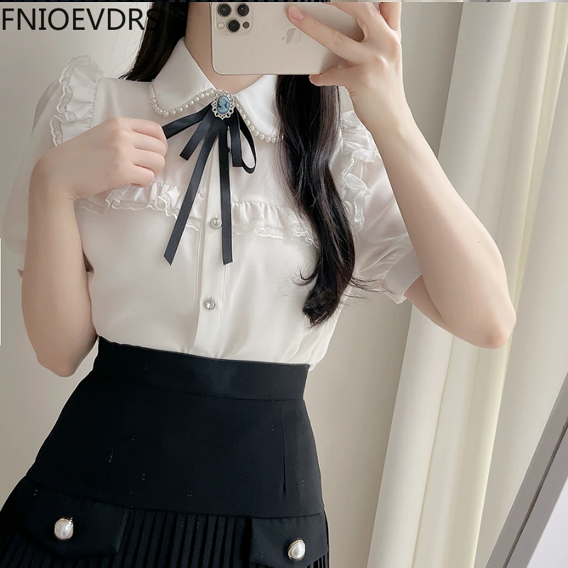 2022 Woman Cute Sweet Girls Japan Korea Ribbon Bow Tie Retro Vintalge Top Blusas Light Blue Ruffles Lace White Button Shirts