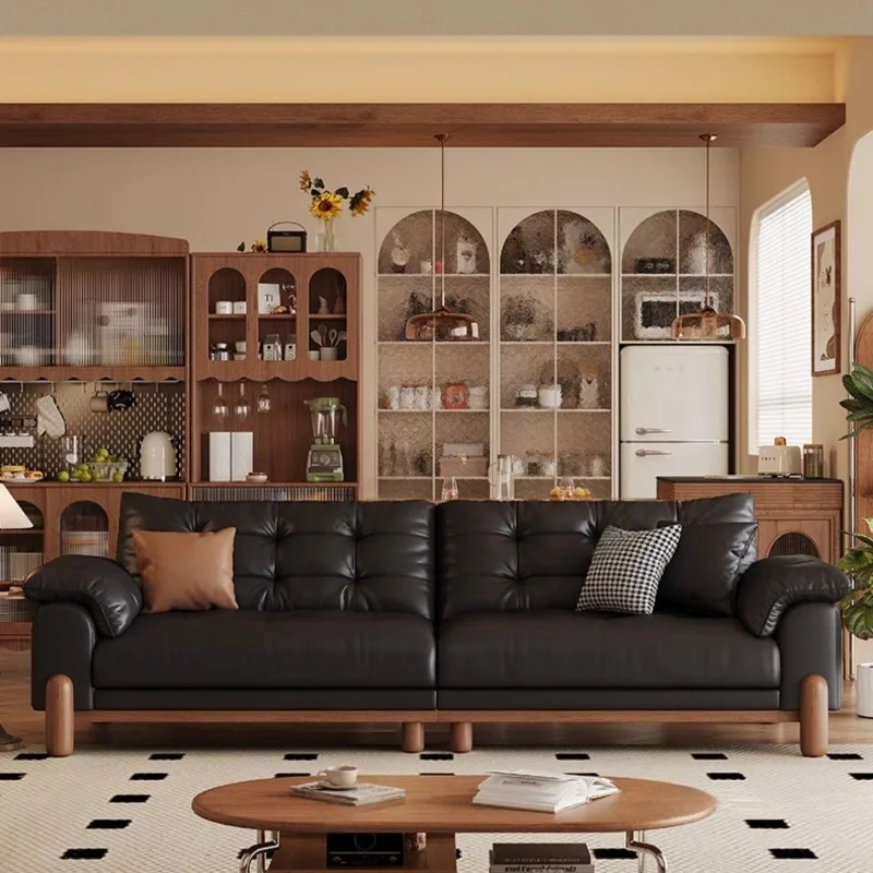 Medieval leather sofa, simple small apartment in the living room, black first layer cowhide clouds, retro style straight row of
