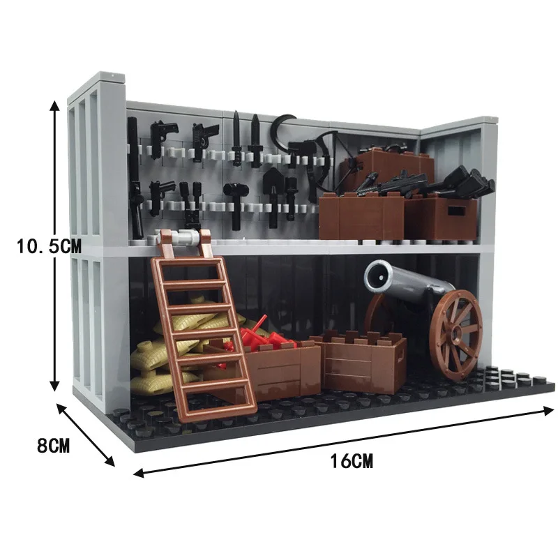 WW2 Architecture military weapon room Arsenal Building Blocks Rifle cannon sandbag Bricks Kit DIY Creative Military Toy For Kids