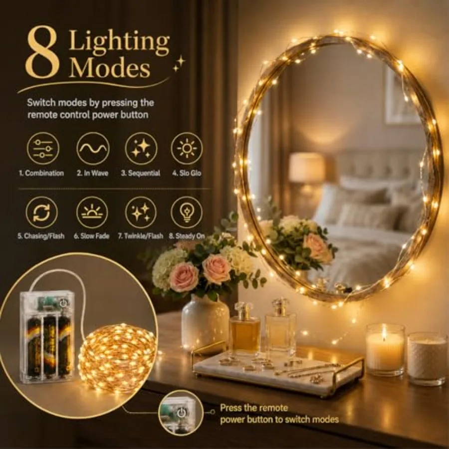 Fairy Lights Battery Operated Included,8 Modes and Auto timer, s 5m 50Led Mini Twinkle Silver Wire Firefly Starry lights, Water