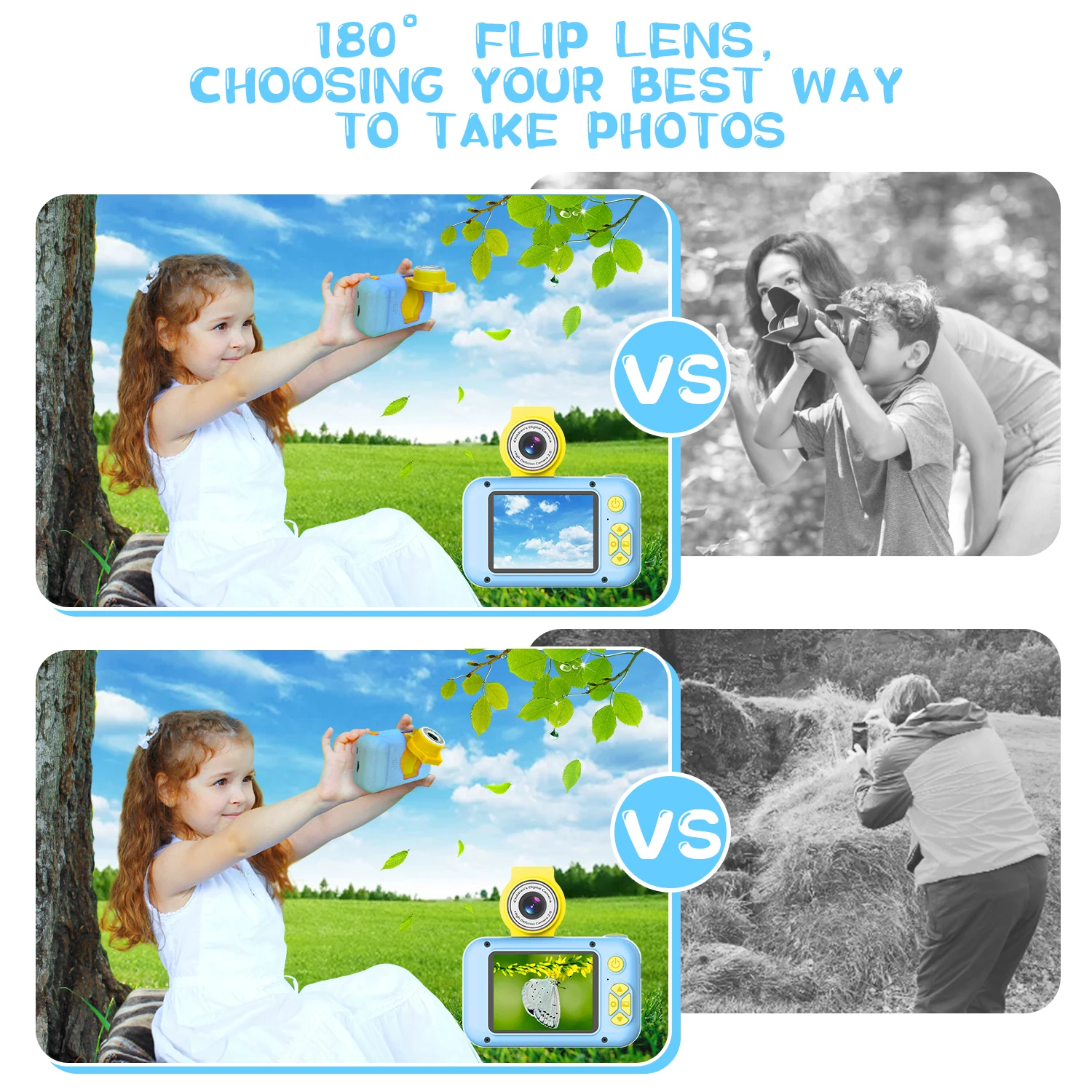 Fotocamera per bambini, fotocamera ARNSSIEN per bambini, fotocamera digitale con schermo IPS da 2,4 pollici, fotocamera per studenti Flip Len a 180 °, fotocamera per Selfie per bambini con Playb