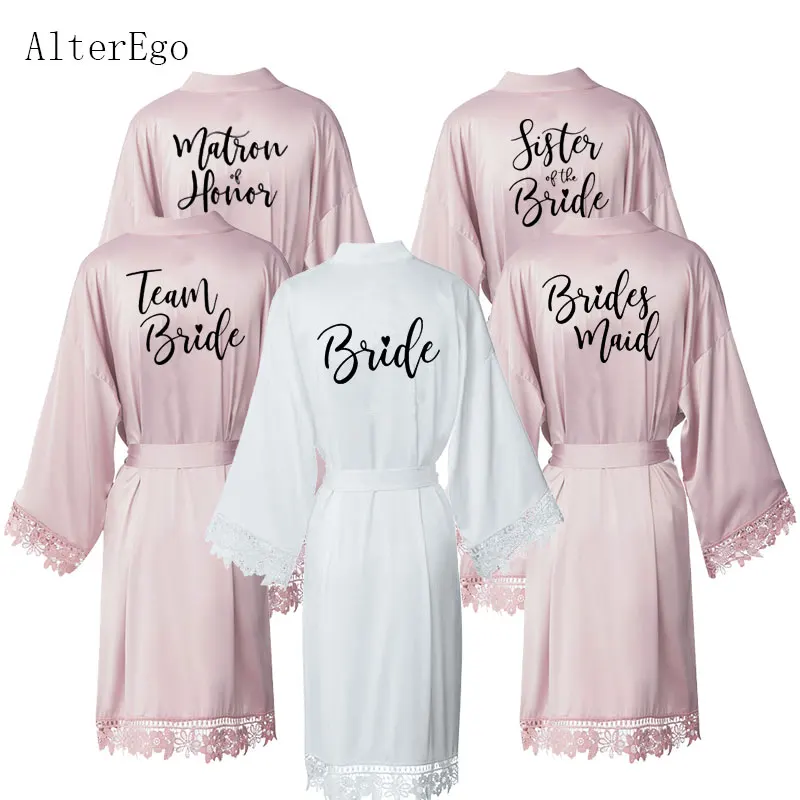 

Lace Satin Robes Silk Team Bride Robes Bridesmaid Gift Bridal Wedding Dressing Gown Set Bachelorette Party Mauve Kimonos Women's