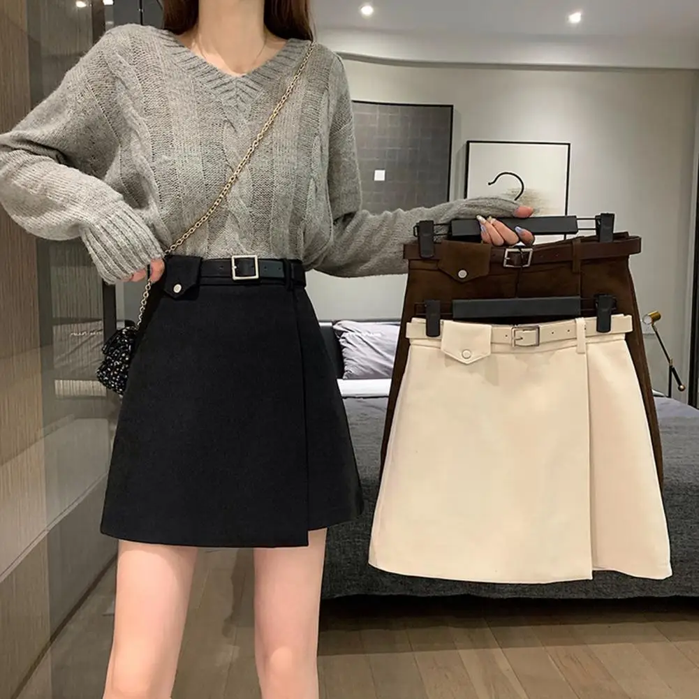 ack Zipper Mini Skirt With Belt Autumn and Winter High Waist A- line Skirt Black Skirt for Woman Skirts Faldas Jupe Streetwear