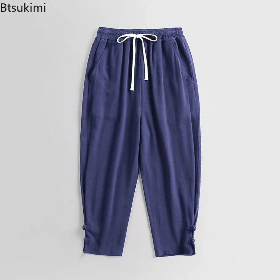 

Мужские хлопковые и льняные прямые брюки длиной до щиколотки в китайском стиле с пряжкой и свободным кроем, повседневные брюки для мужчин, большой размер L-9X