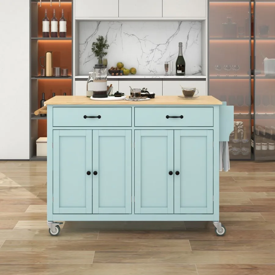 

Kitchen Island Cart with 4 Door Cabinet and Two Drawers and 2 Locking Wheels Solid Wood Top Adjustable Shelves Spice Towel Rack