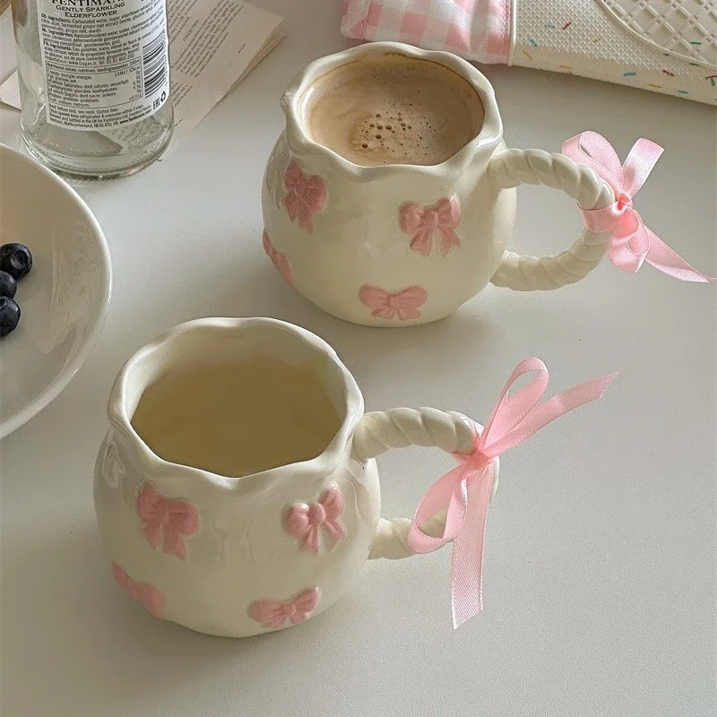 Irregular Handmade Relief Pink Bow Coffee Ceramic Cup Gift Water Cup Kawaii Cup