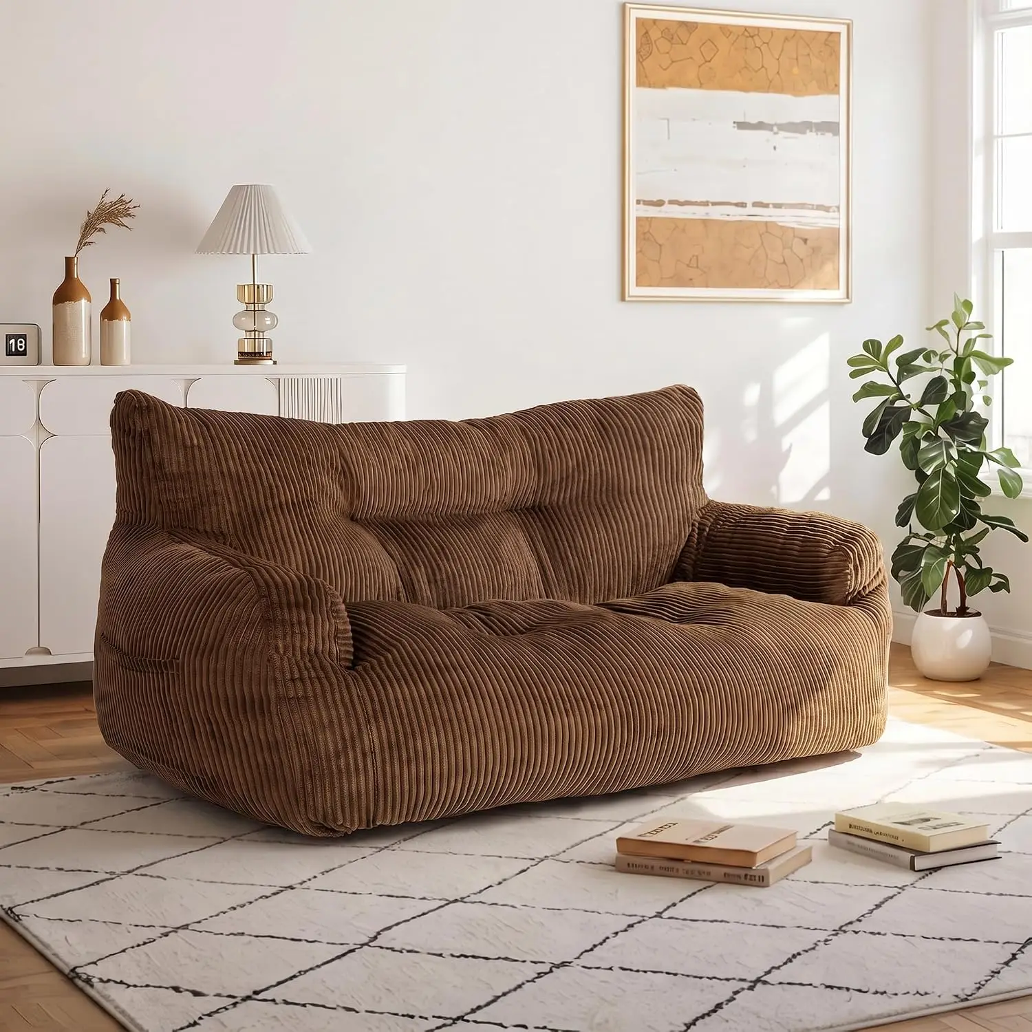 59" Corduroy Bean Bag Chair,2 Seat Loveseat Sofa Couch,Boneless Sleeper-Bed for Adults,Fit Living Room, Bedroom,72h Rebound,Brow