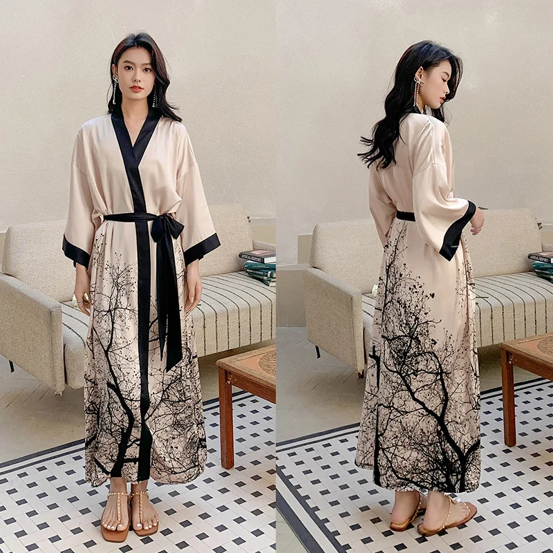 

New satin printed pajamas women's summer plus size luxury seven-point sleeves cool long robe home service women