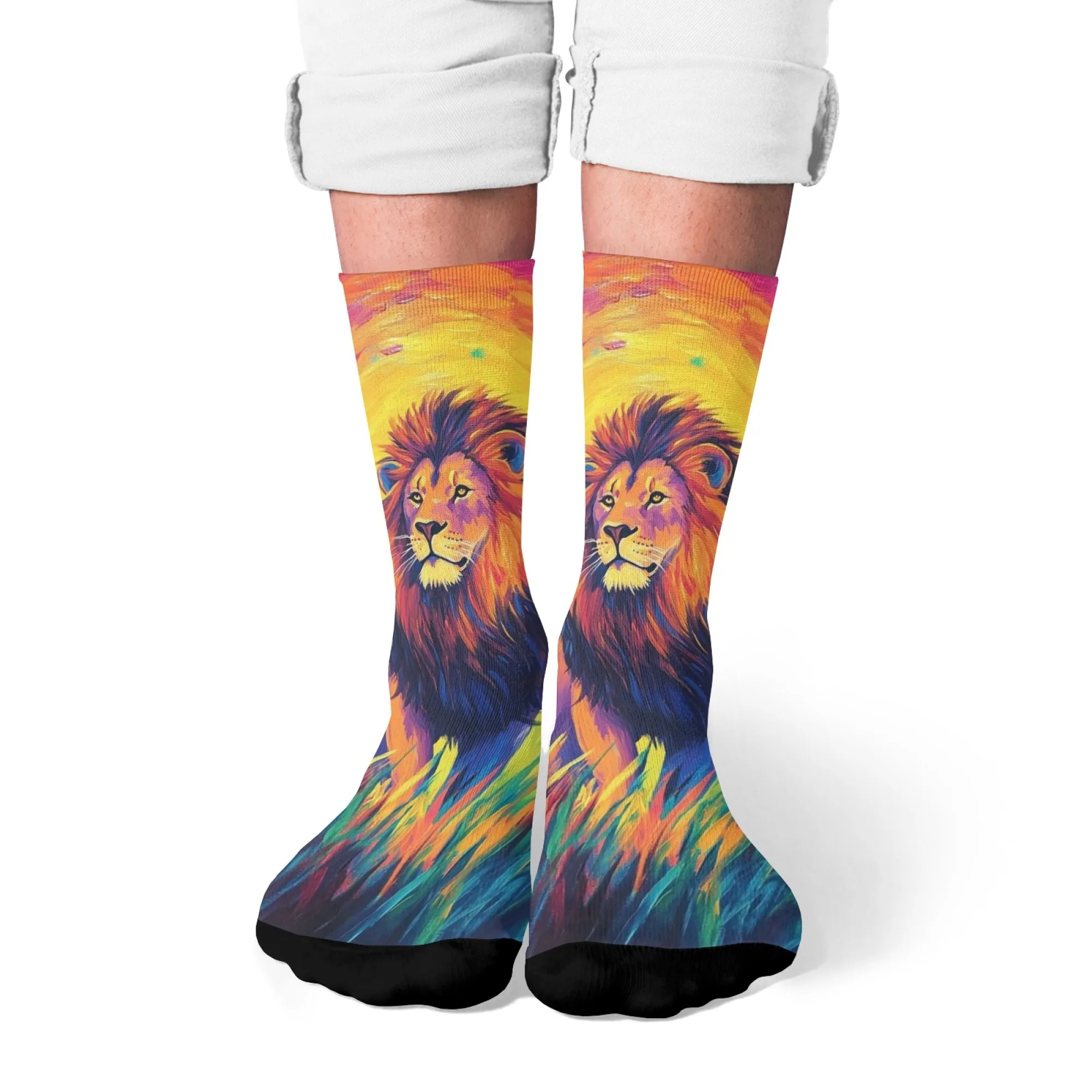 Harajuku Retro Prairie Lion Print Herrensocken – neuartiger Ölgemälde-Stil, bequem, atmungsaktiv, rutschfeste Freizeitsocken – Geschenk