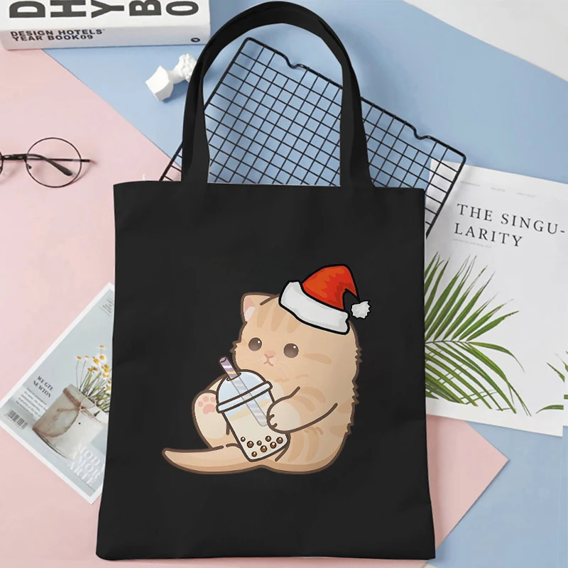 Women Handbags Cartoon Animals with Boba Tea Printed Canvas Bag Funny Handbag for Teen Fashion Tote Bag Side Bag for Ladies