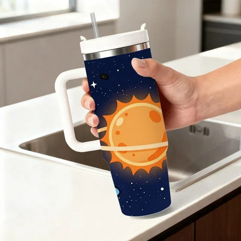 Vibrant Cartoon Solar System Print 40Oz Stainless Steel Insulated Tumbler, Whimsical Cosmic Design with Colorful Planets And Shining Stars, Stylish Drink Container for Daily Use, Office And Outdoor Activities