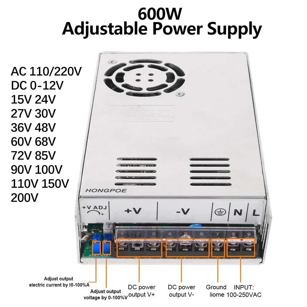 

Adjustable 600W Switching Power Supply 0-12V 15V 24V 30V 36V 48V 60V 72V 85V 90V 110V 150V 200V 110-220V Ac To Dc Led Industrial