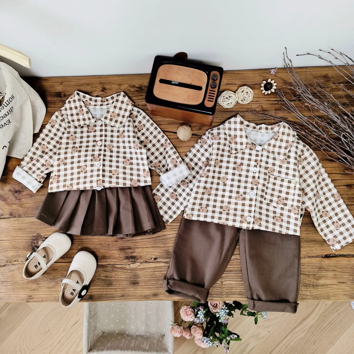 Spring/Autumn Sibling Matching Grid Bear Doll Collar Shirt + Solid Bottom Pleated Skirt Pants Boys Girls Set