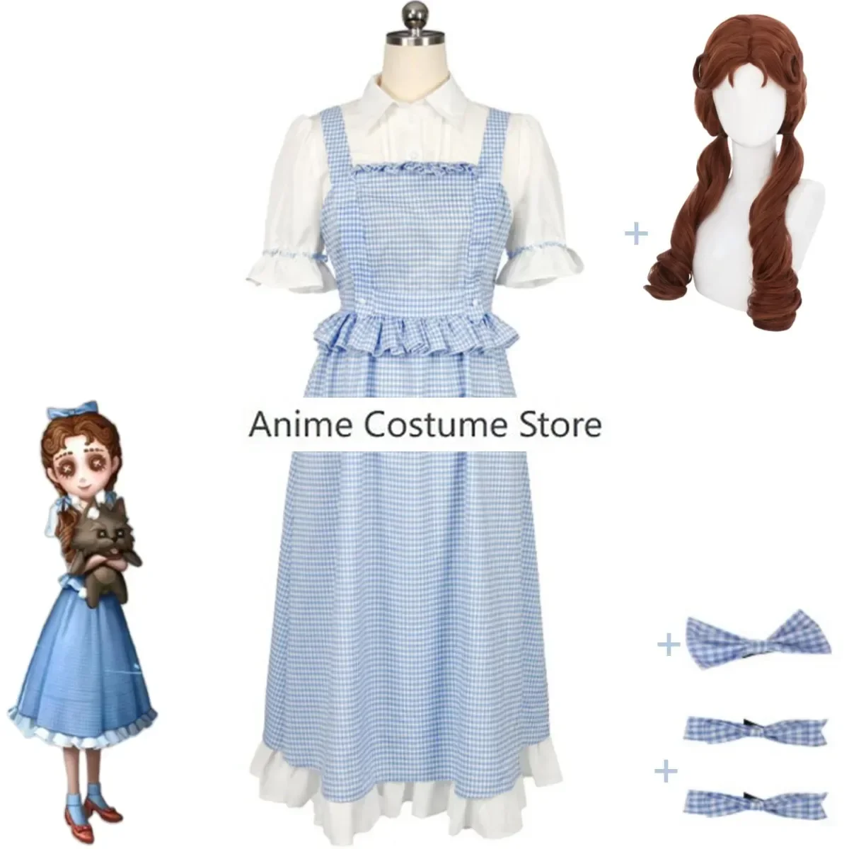 Anime Game Identity Ⅴ Little Girl Memories Cosplay Costume Dorothy Lovely Blue Lattice Dress Wig Woman Kawaii Halloween Suit