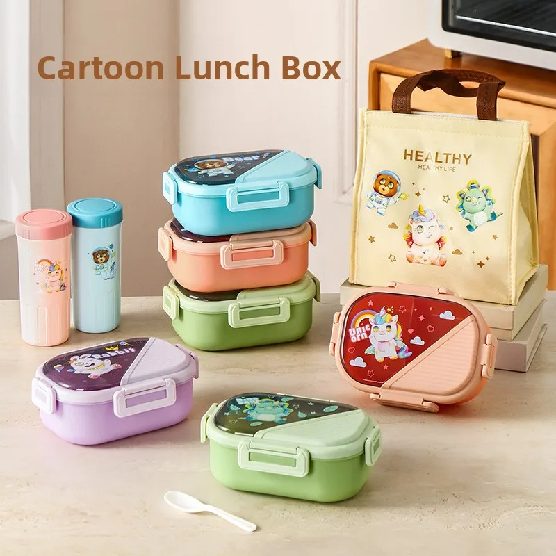 Cartoon Children's Plastic Divided Lunch Box Microwave Safe Portable Meal Box for Office Workers Multi-Functional Lunch Box