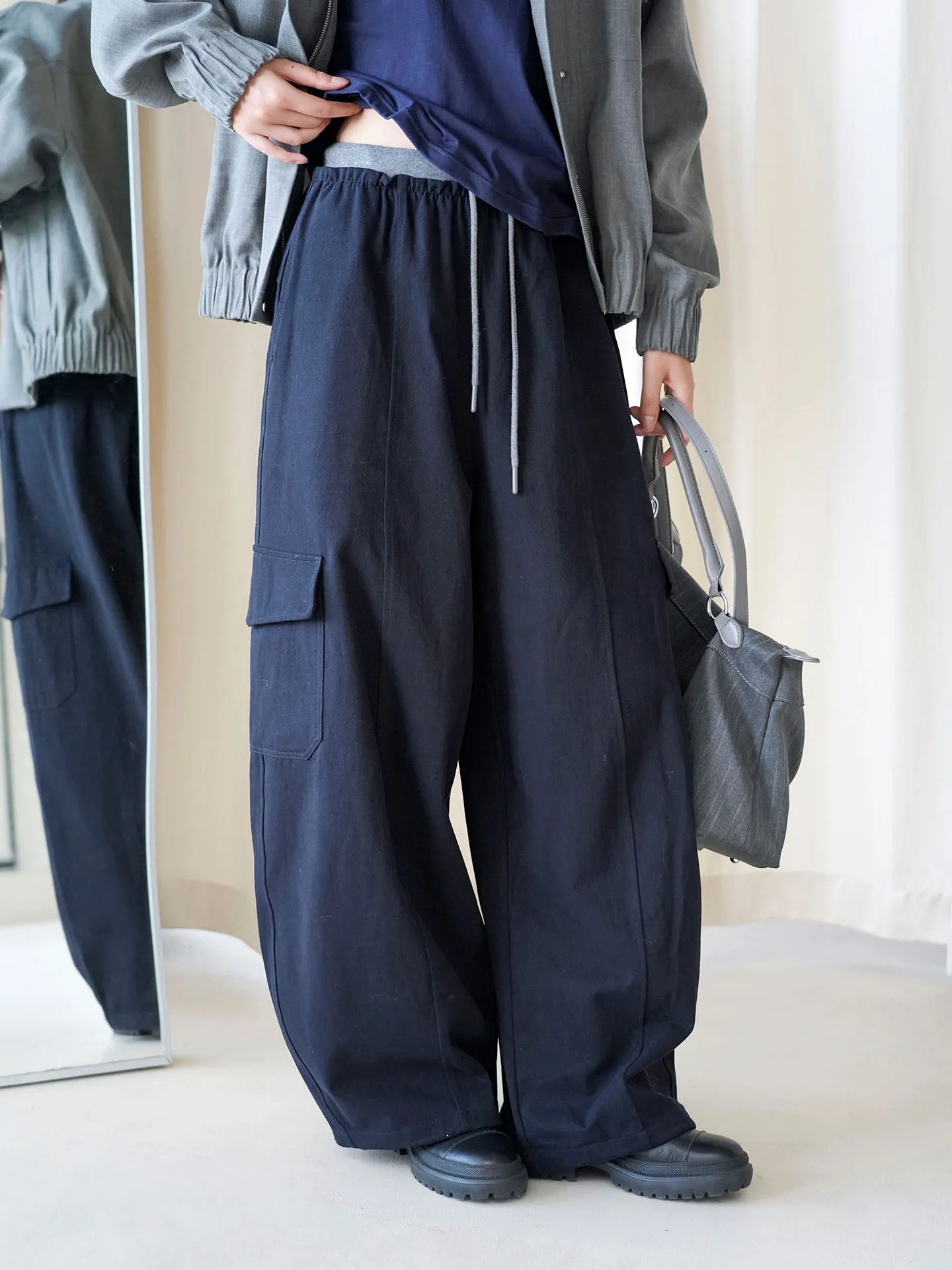 Autumn and winter new Japanese urban minimalist style waist and head color blocked work pants loose casual pants for women