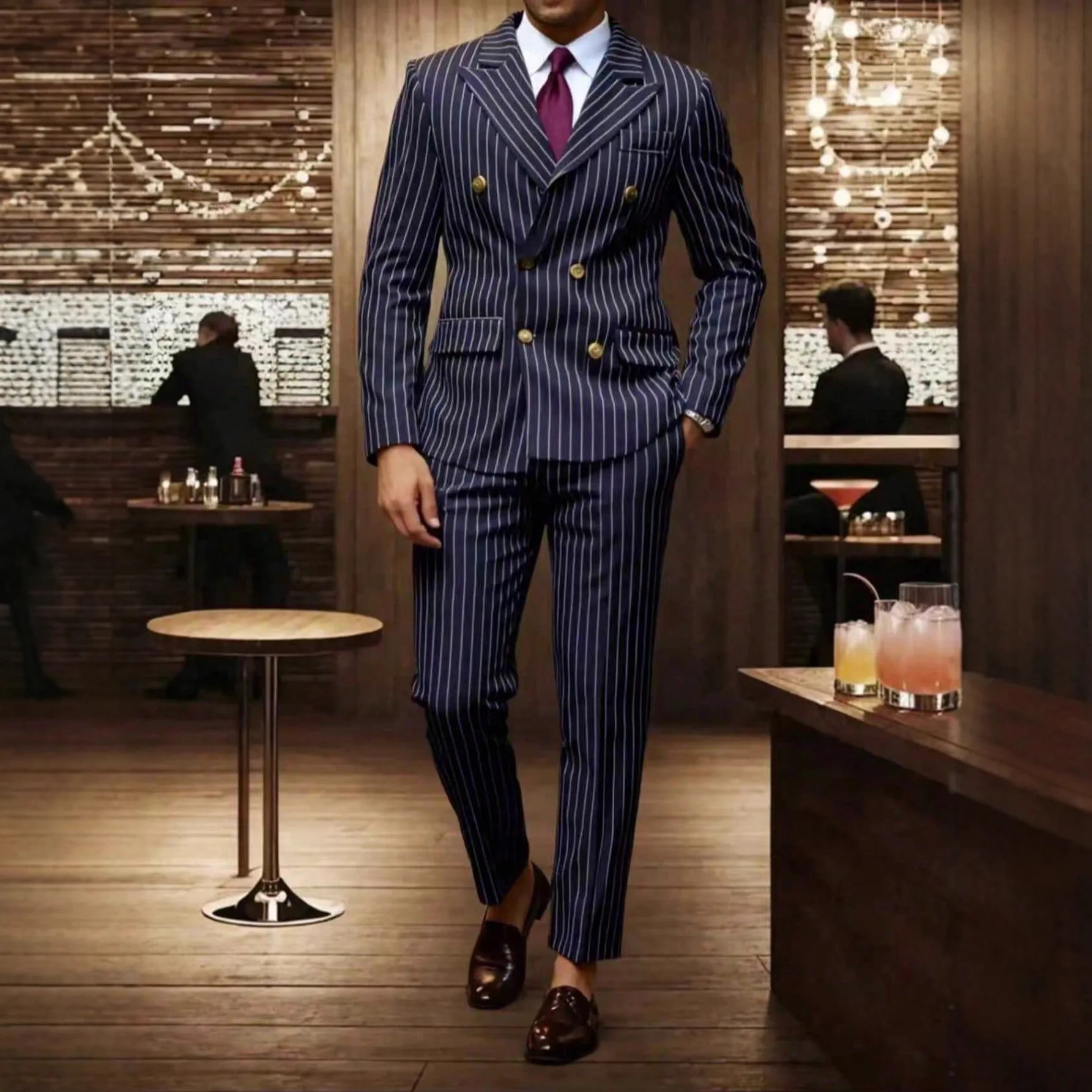 Men Blazers Two Pieces Striped Suits Ankle Length Straight Pants Zipper Fly Party Style Summer 2026 Pockets Slim Fit Spliced