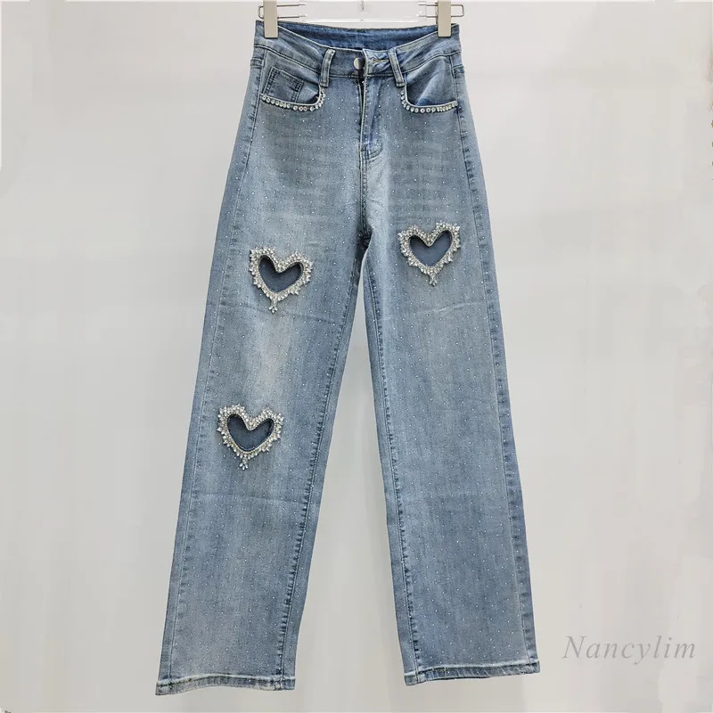 Love Jeans berlian imitasi untuk wanita, celana panjang Denim putih jalanan, celana pel lurus kaki lebar, celana musim semi dan musim gugur baru 2024