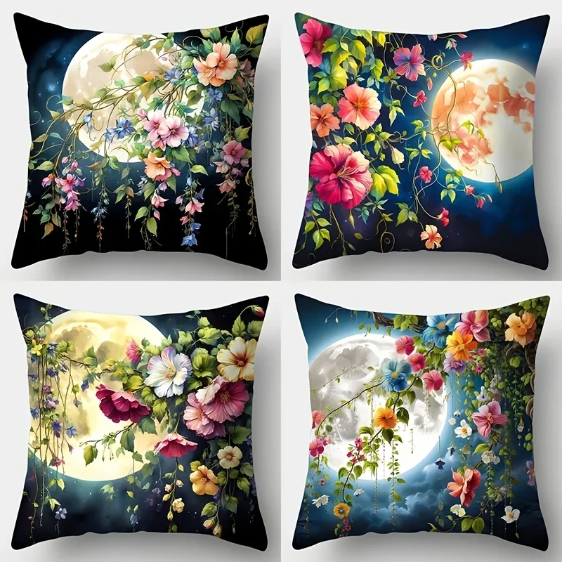 Four-Pack Throw Pillow Covers with Moon and Floral Garland Design for Living Room Decor