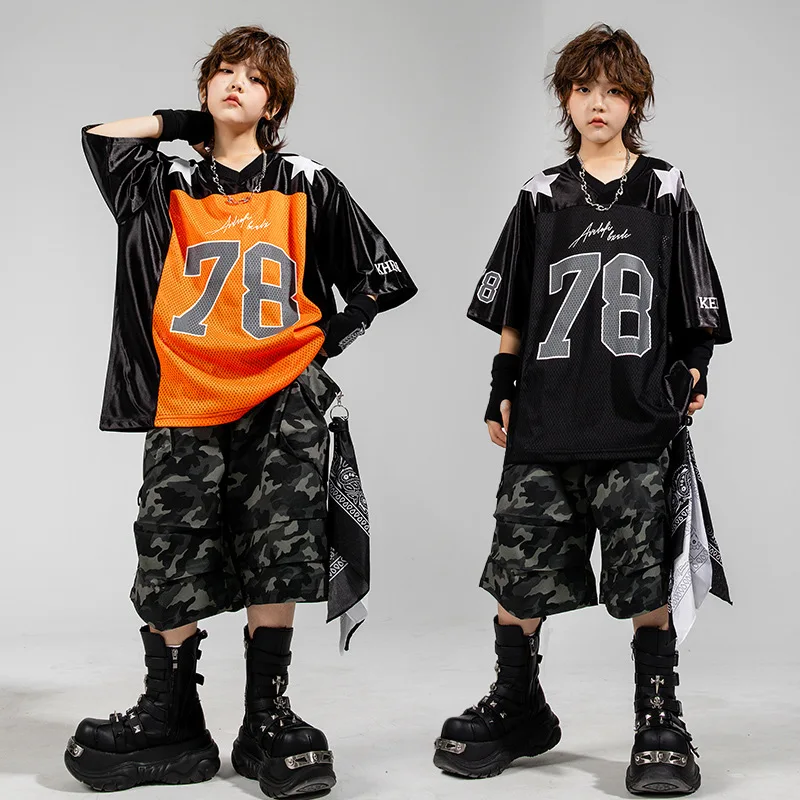 

New Boys Street Dance Costume Short Sleeve Hip Hop Suit Summer Group Camo Shorts Loose Hip-Hop Performance Clothes Practice Wear