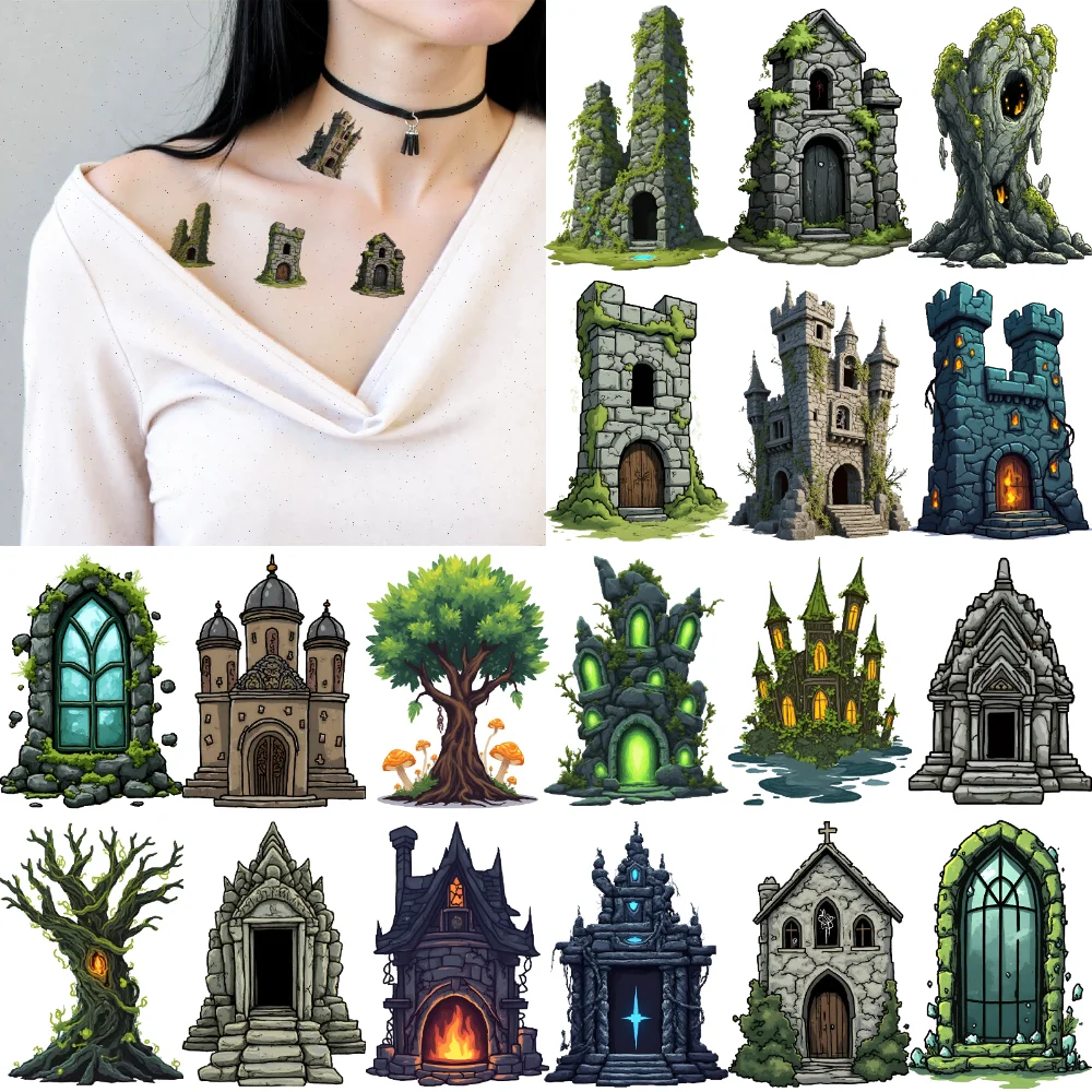 

54pcs Temporary Tattoo Fantasy Castle Temporary Tattoo Stickers Ruined Tower Enchanted Tree Cartoon For Shoulders Boys Cheeks