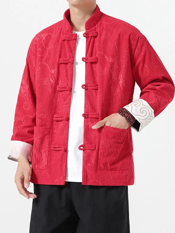 

New Chinese Sle Retro Dragon Pattern Corduroy Tang Suit Jaet Men's Buttoned Zhongan Coat Upper Body Warmth Youth Faion