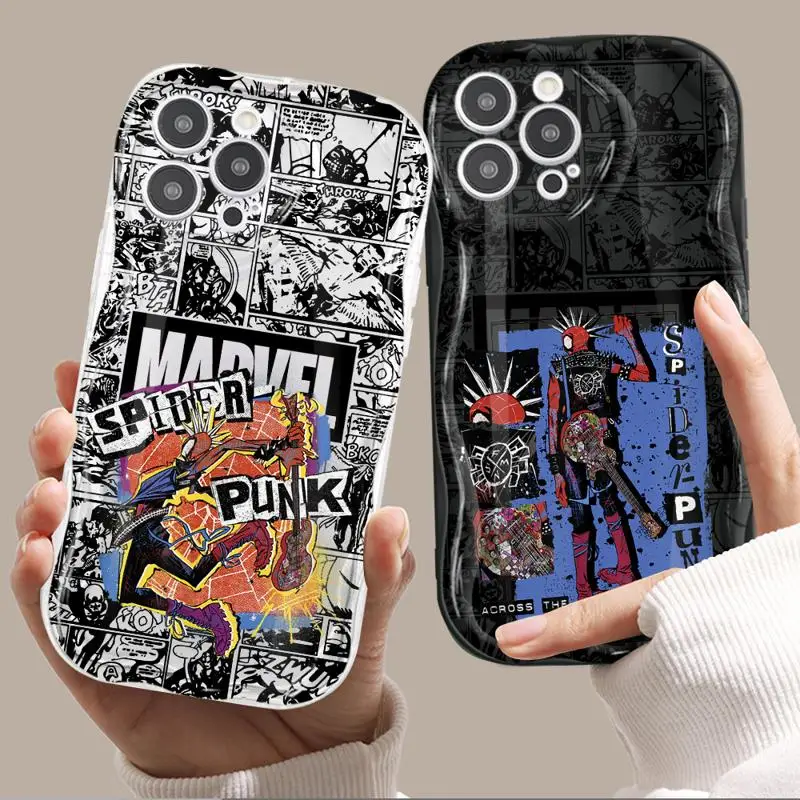 Silicone Wave Phone Case for iPhone 15 14 13 12 11 pro Max XS XR X 7 8 6 plus Shockproof Marvel Spider-Man Punk Curly Soft Cover