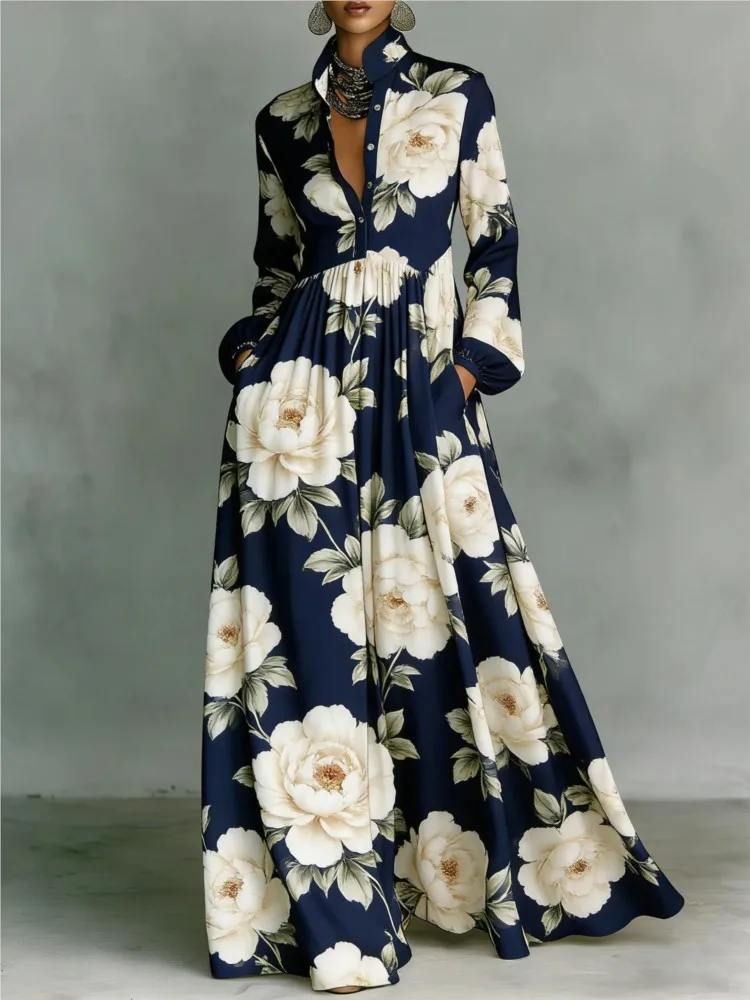 

Women Stand Collar Button Up Shirt Maxi Dress 2026 Spring Casual High Waist Pocket Hem Maxi Dress Chic Floral Print Party Dress