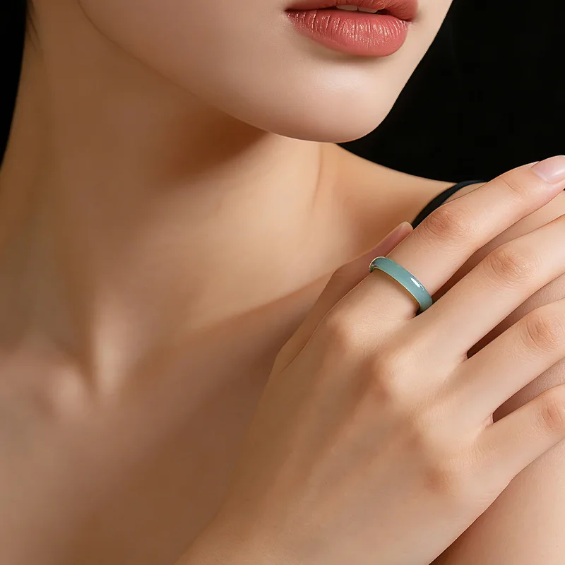 Natural Type A Jadeite Light Blue Water Ring Minimalist Plain Band Couple Rings Round/Square Options Unisex - view 4