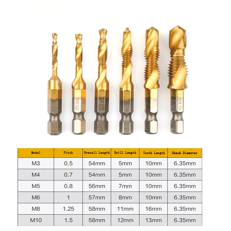 6Pcs Tap Titanium Coated Drill and Tap Set Metric Thread HSS M3-M10 Screw Tapping bit Tool 1/4 Hex Shank Hand Tools