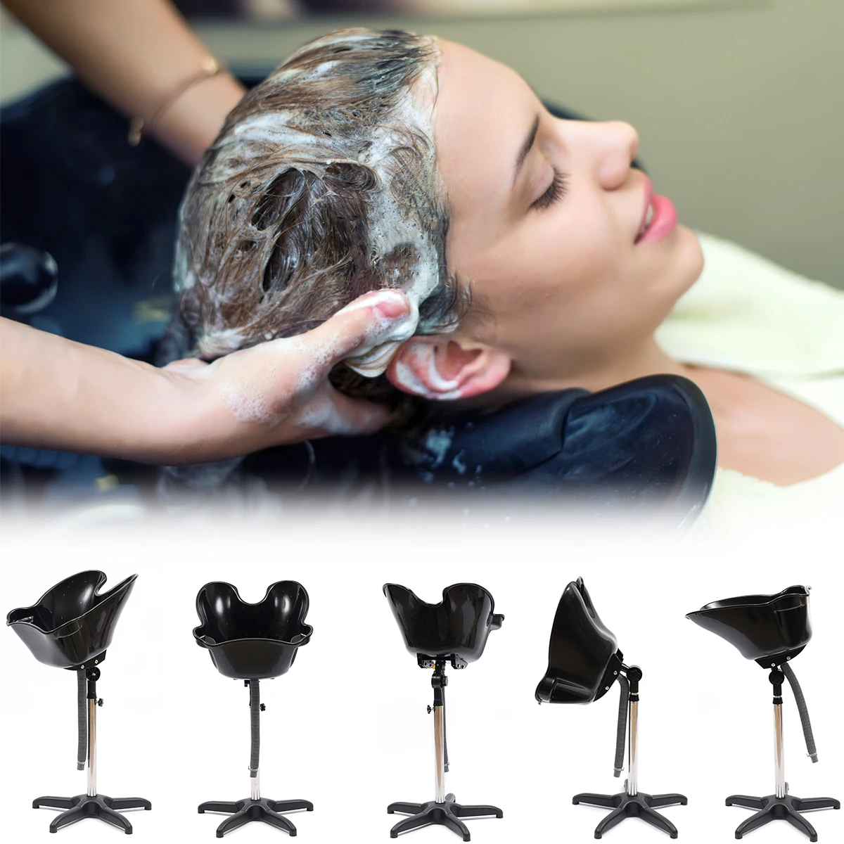 Wastafel cuci rambut portabel, tinggi dapat diatur, Salon dalam wastafel sampo portabel penata rambut cuci belakang