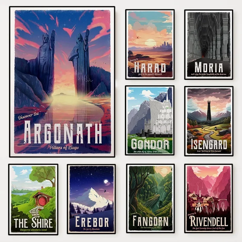 

Vintage L-Lord of The Rings Middle Earth Travel Poster Shire Erebor and More Lotr Canvas Painting Wall Art for Room Home Decor