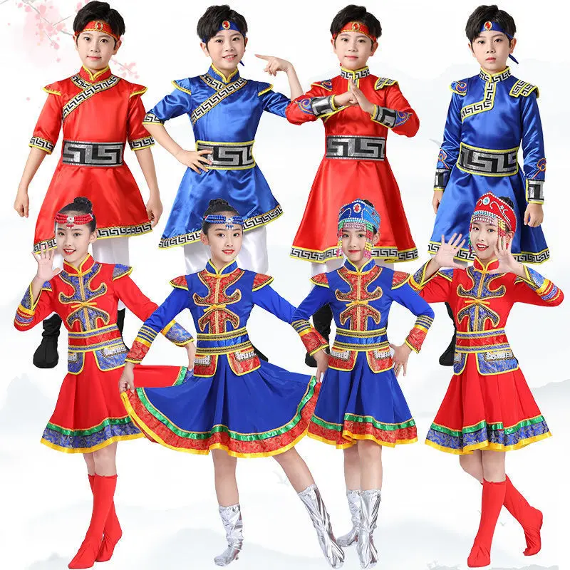 Traditional Folk Dance National Minority Mongolian Costume Kids Girls Boys Chinese Style Dress Clothes For Kids New Year