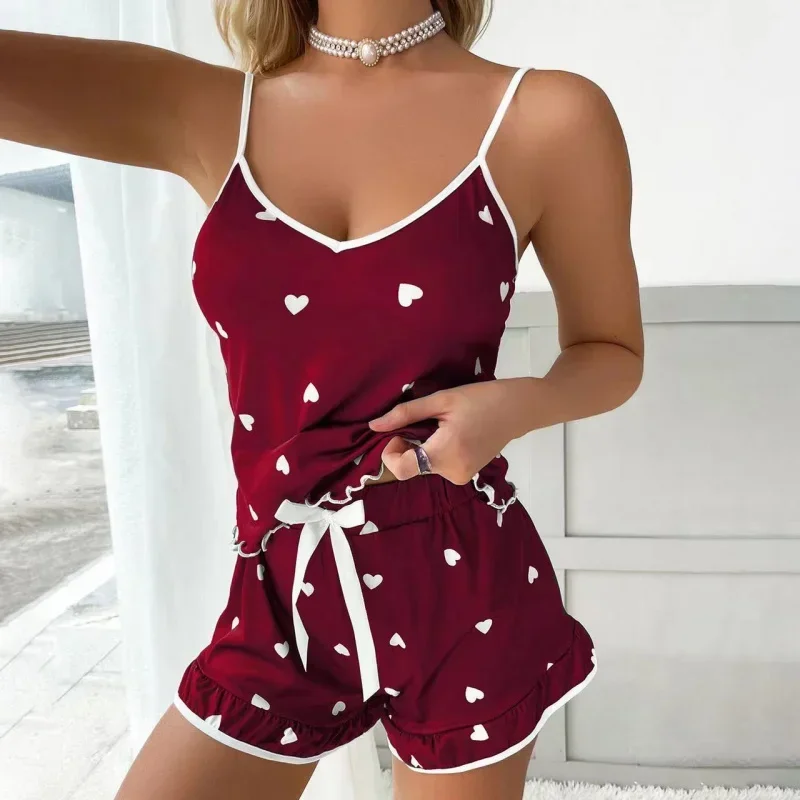 

SURI Women's Two-Piece V-Neck Suspender Lace Lace Printed Top and Shorts L XL XXL Casual Printed Pajama Set Sleeveless Nightwear