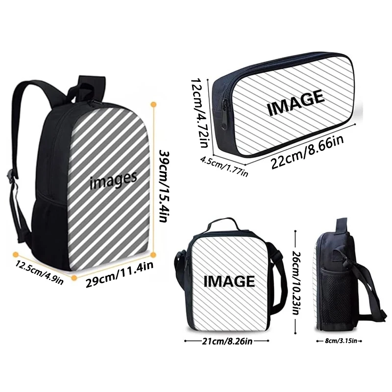 DIY Set 3 buah ransel sekolah DIY dengan tas makan siang kotak pensil, tas sekolah kapasitas besar personalisasi kustom dengan Logo gambar