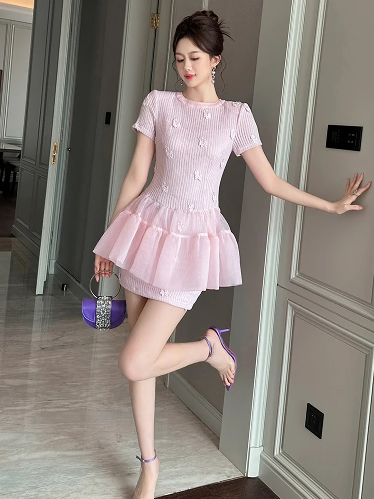 Women Clothes Sweet Solid Floral O-Neck Ruffles Skinny Mini Short Dress Lady Fashion Party Prom Birthday Vestidos Casual Summer