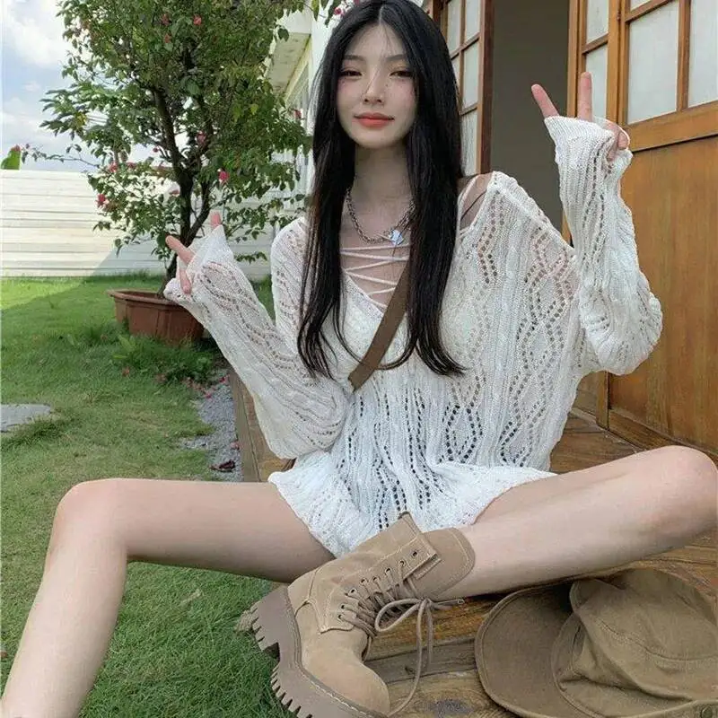 

Fashion Two Sided Wear Knitted Pullover Women Summer Thin Hollow Out Sunscreen Knitwear Woman Streetwear Loose See Through Tops