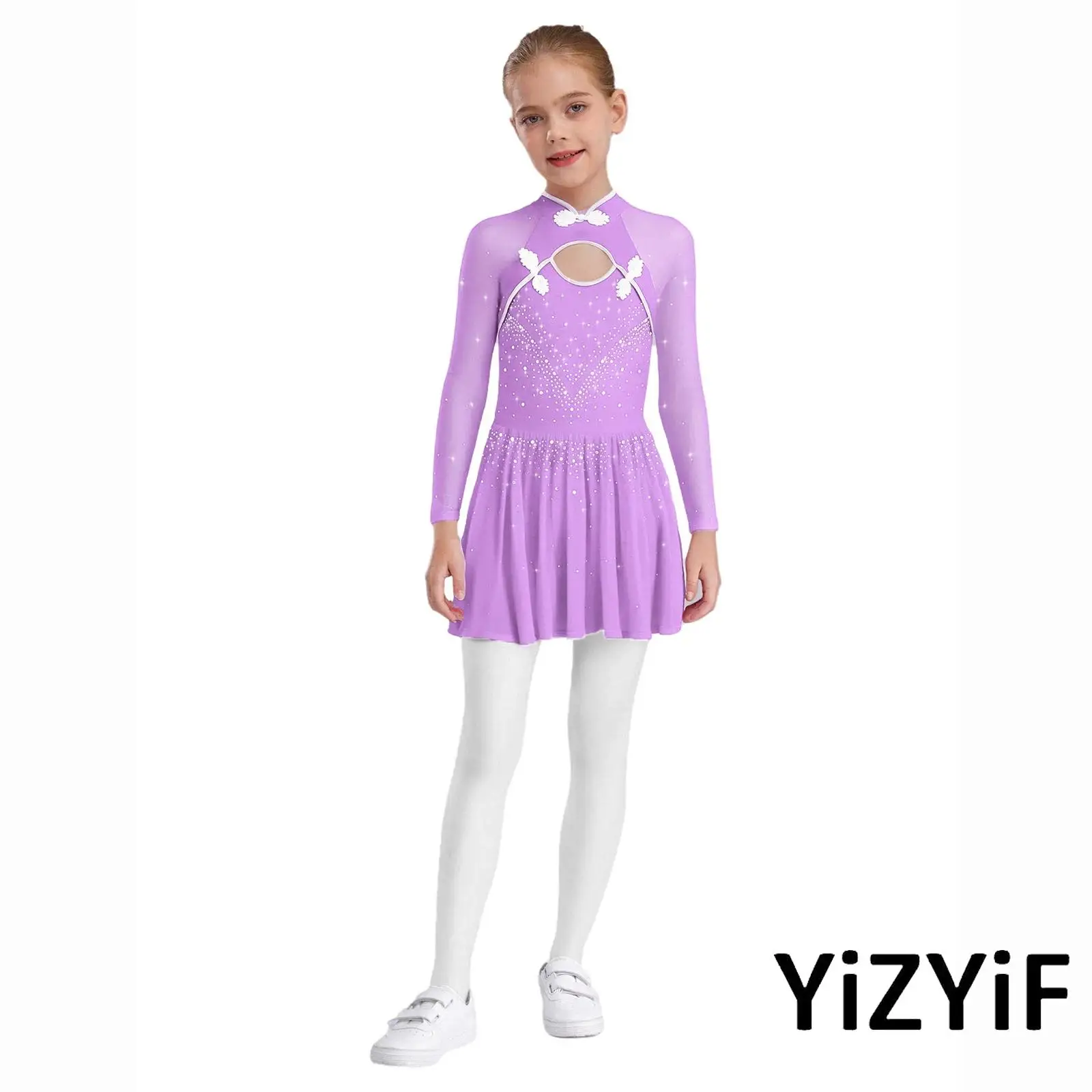 キッズガールズエーテルリリカルバレエダンスドレスシアーメッシュスリーブノットボタン体操ボディスーツフィギュアスケートダンスショー用