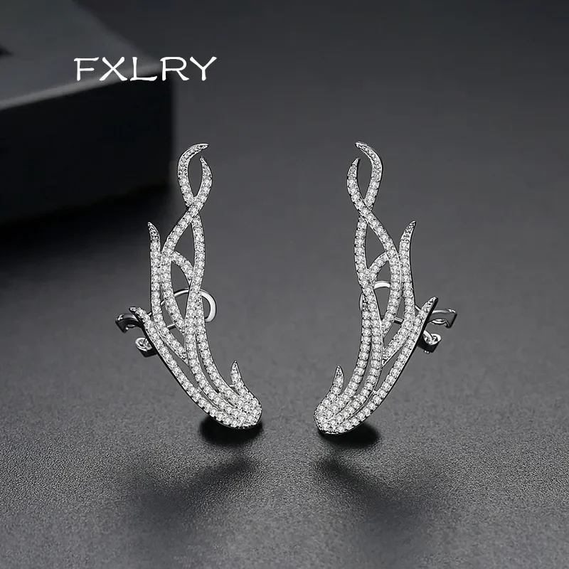 FXLRY High Quality Clear White Cubic Zirconia Micro Pave Setting Angel Wings Ear Cuff Earrings For Women Fashion Jewelry