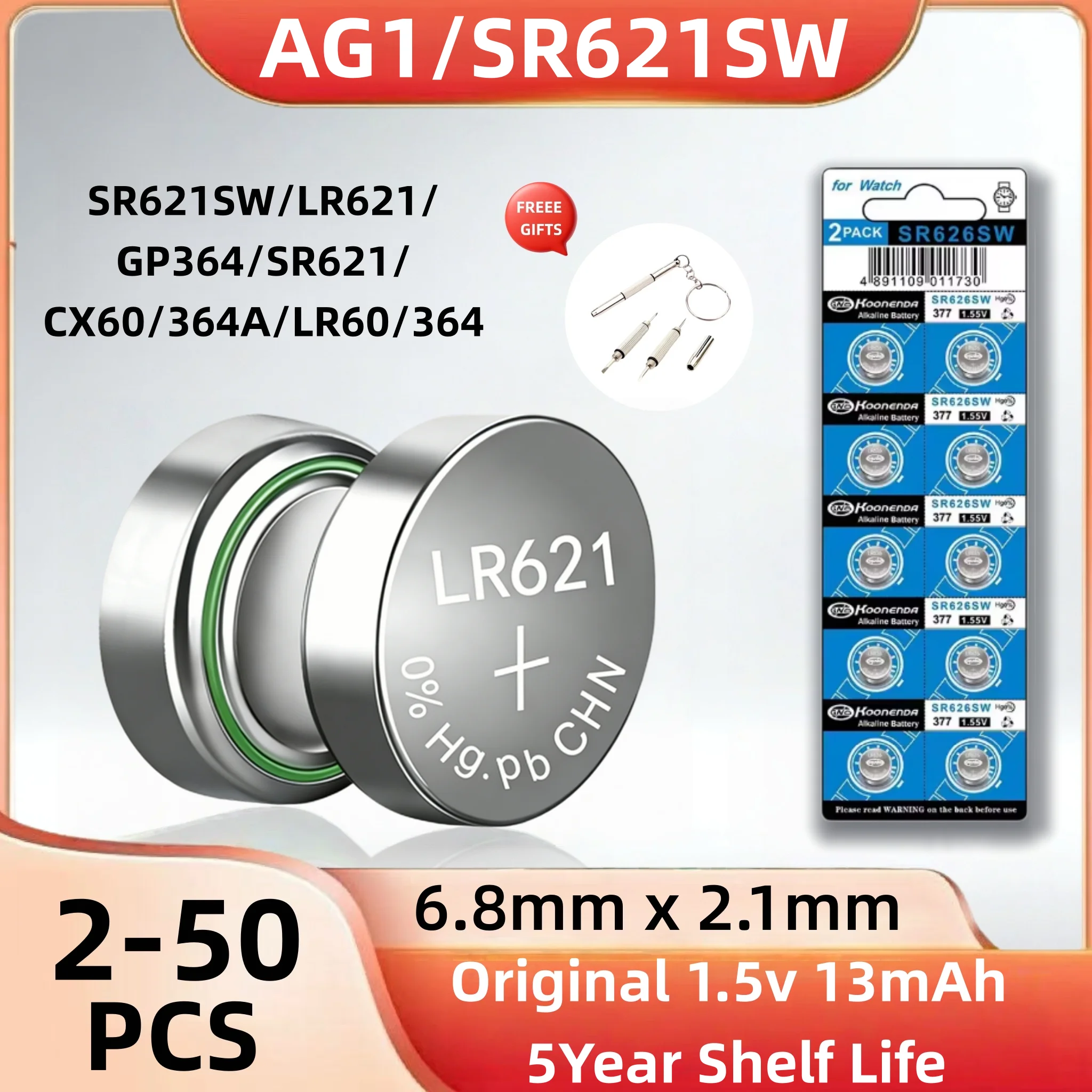 

2-50PCS AG1 LR621 1.55V Alkaline Button Coin Batteries SR621SW 364 for Watch, Car Key Remote & Toys