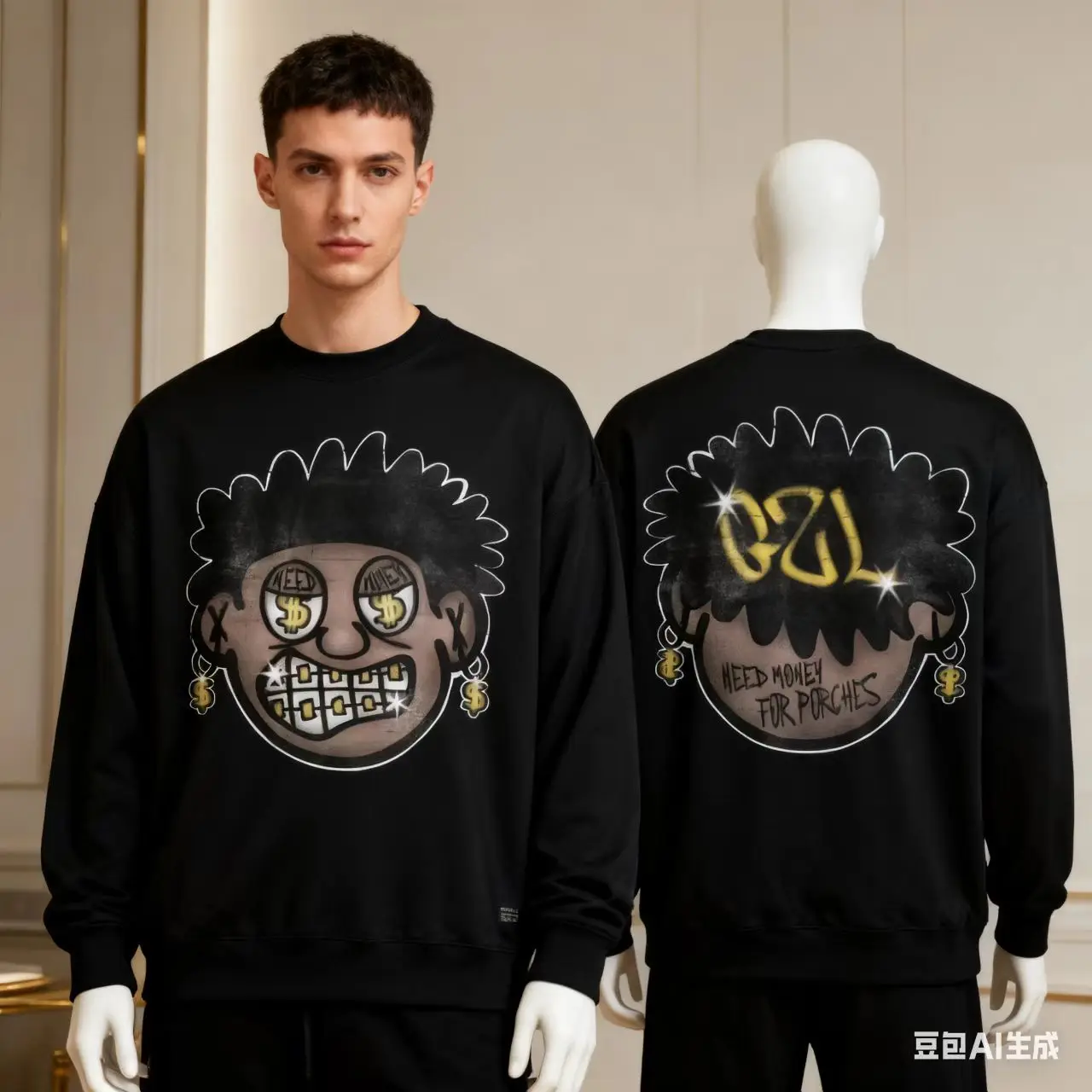 

Millennium Bug round-neck hoodie for men and women, Harajuku Gothic cartoon character graphic printed hip-hop top