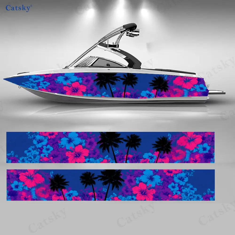 

Neon Hibiscus & Palm Grove Boat Stickers, PVC Waterproof Durable Vinyl Wrap Decals for Fishing Boats, Durable and Stylish Design