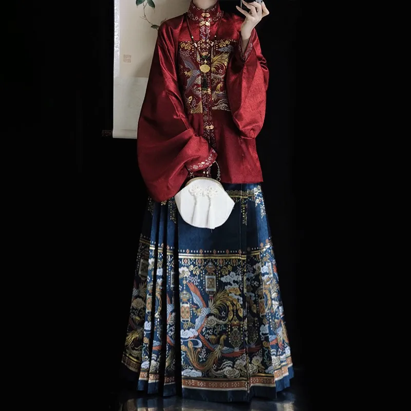 Retro Classic Chinese Women Hanfu Dress Printed Horse-Face Skirt Oriental Clothing Ming Dynasty Cosplay Costumes Folk Dance Wear