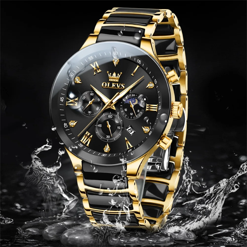 OLEVS Luxury brand Men\'s Watches 44mmDial Ceramic strap Moon Phase Waterproof Quartz Watch for Man Chronograph Roman Scale Watch