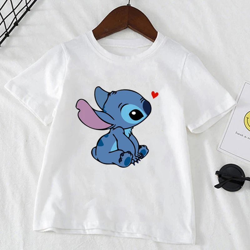 Cute Disney Stitch Print Kids T-shirts Summer White Short Sleeve Boys Girls Tee Shirt Child Cartoon Harajuku Tops Clothes