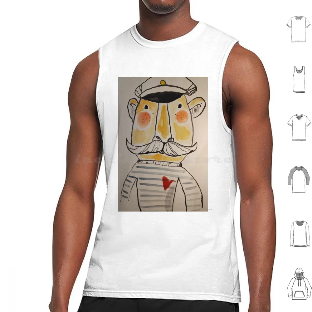 Freshwater Sailor Tank Tops Print Cotton Sailor Man Ship Captain Edcreativ Moustache Watercolor Hat Heart Sea Ocean Boat