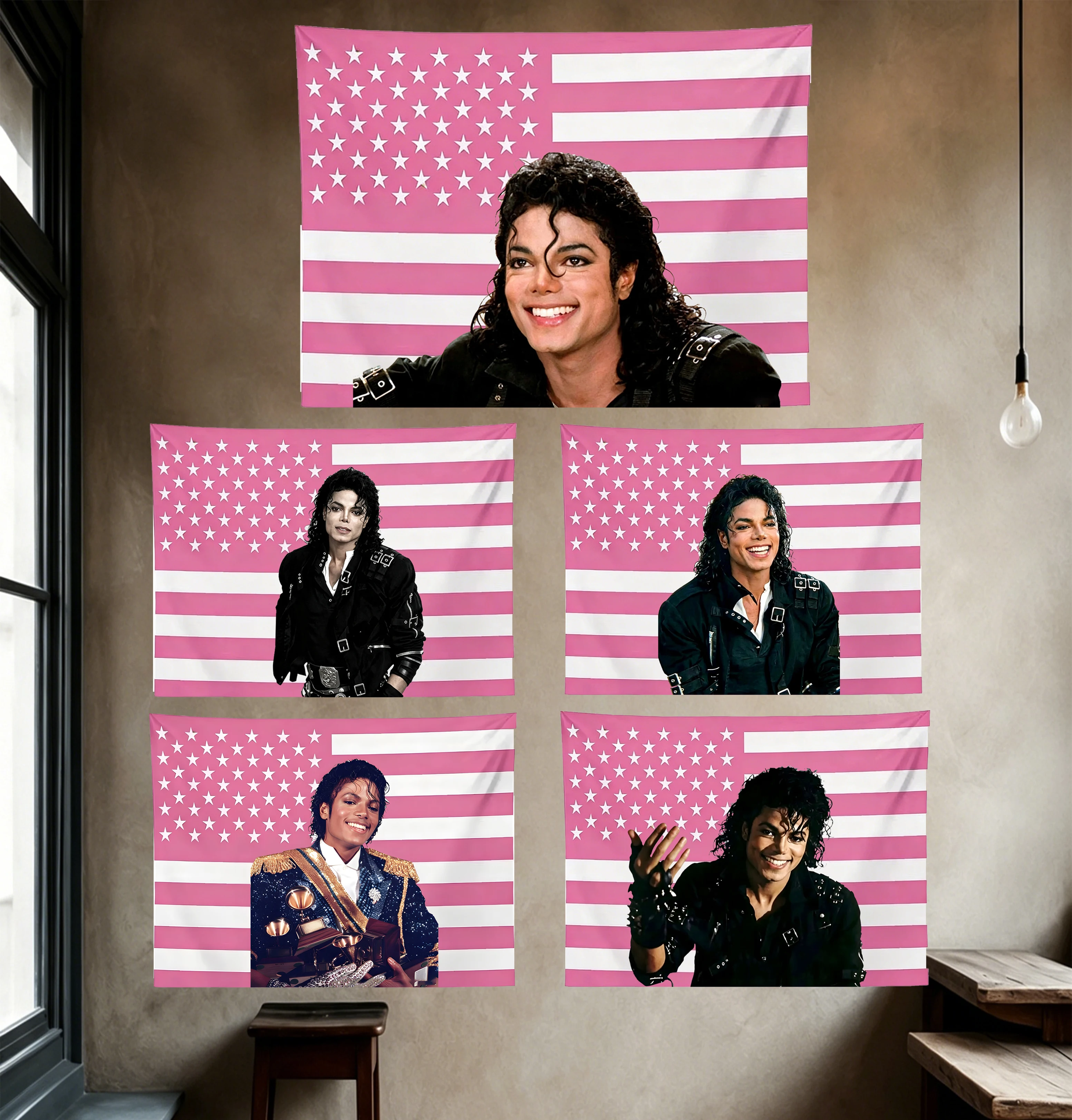 1PC Michael Jackson Flag Style Tapestry, Pink US Star Stripe Portrait Wall Hanging for Bedroom Living Room Bar Party Indoor Outd