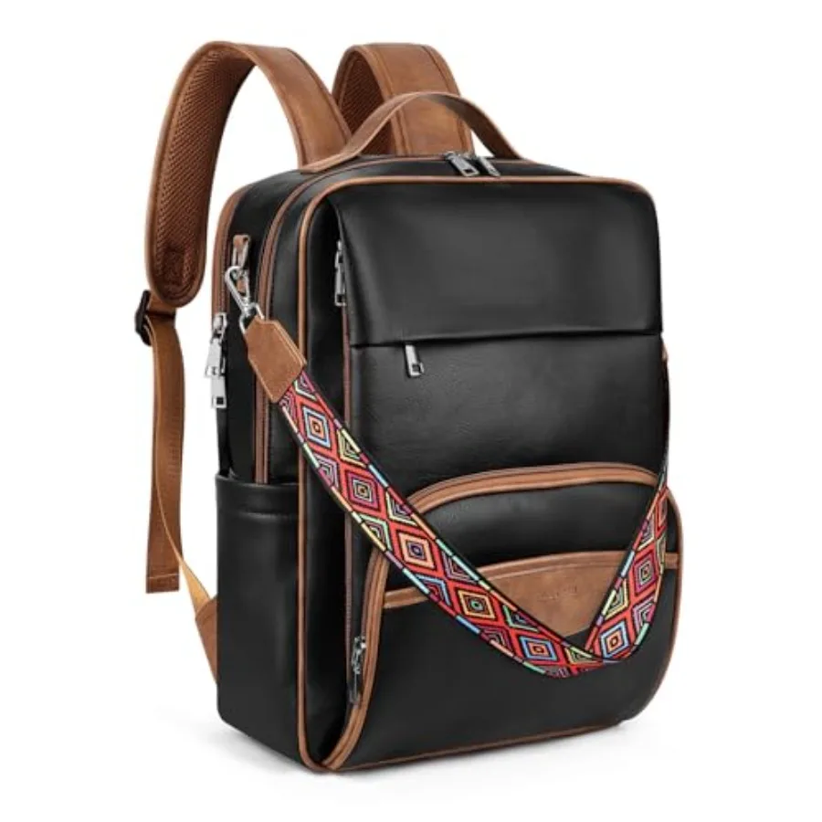 Leather Laptop Backpack, 15.6 Inch Business Computer Bag, Designer College Backpack Travel Backpack with Colorful Shoulder Bag