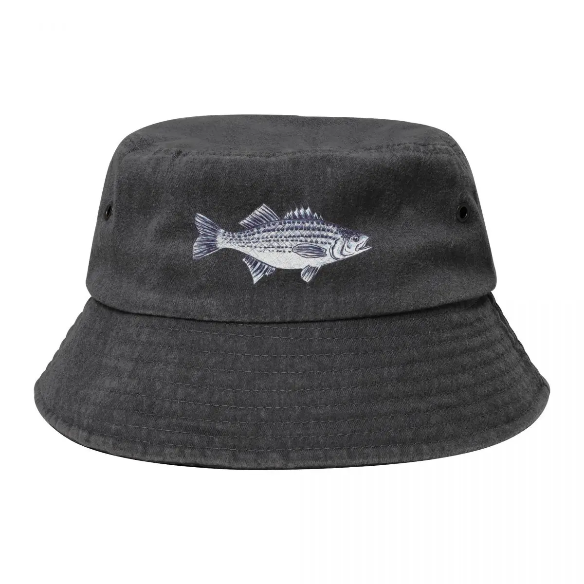 

Striped Bass Fish Walter in Slate Blue Bucket Hat Luxury Cap Beach Military Tactical Cap hats for men Man Women's