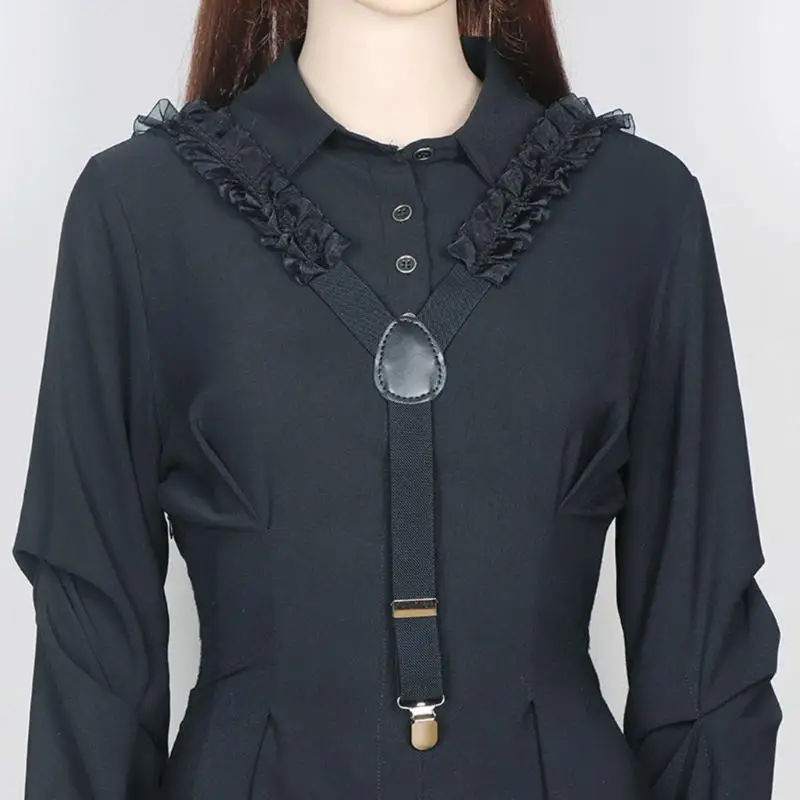 R1WE حمالات سلسلة مطاطية مشبك معدني حزام مكشكش أسود للنساء والرجال إكسسوارات بدلة القميص